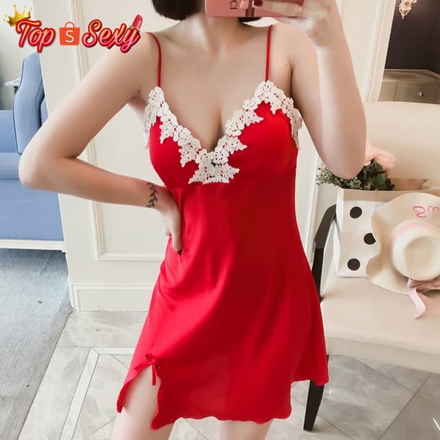 ชุดนอนไม่ได้นอน ชุดนอนซาตินสายเดี่ยวเซ็กซี่ แต่งลูกไม้ช่วงอก