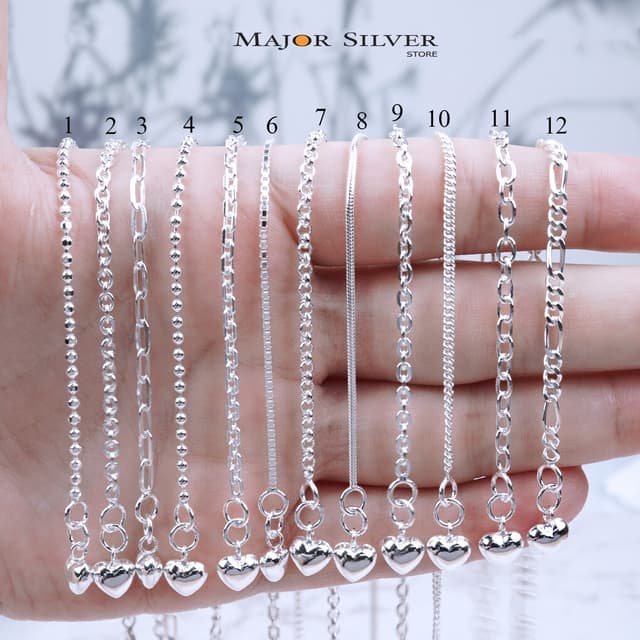 สร้อยข้อมือเงินแท้ 92.5% ปลายบอลหัวใจ 7 มิล ยาว 6, 6.5, 7 นิ