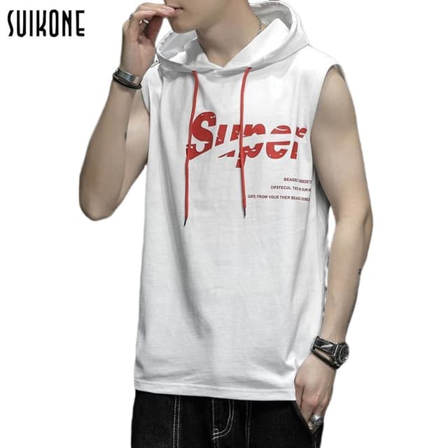 Suikone เสือผ้าผู้ชาย เสื้อกั๊กคลุมด้วยผ้าแขนกุดบางฤดูร้อนขอ
