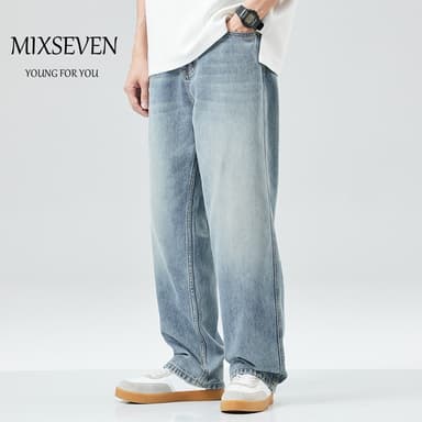 MIXSEVEN พร้อมส่ง กางเกงยีนส์ผู้ชาย  loose jeans  ยีนส์ขากระบอก  กางเกงยีนขายาว ยีนส์ ทรงหลวม baggy jeans ยีนส์ฟ้า เรียบง่าย วินเทจ เข้ากับทุกการแต่งกาย  สไตล์ไฮสตรีท แฟชั่นฤดูร้อน สไตล์เกาหลี กางเกงยีน korea jeans สบาย แสดงสูง แสดงผอม มีหลายขนาดให้เลือก