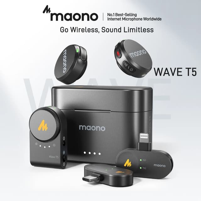 Maono T5 ไมโครโฟนไร้สายแบบหนีบเสื้อไมโครโฟนตัดเสียงรบกวนพร้อมแอพ Maono Link สําหรับโทรศัพท์สมาร์ท,Vlogging,ถ่ายทอดสด