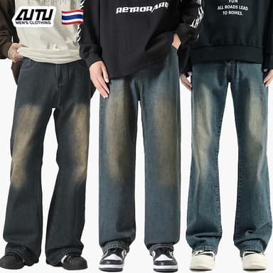 AUTU กางเกงยีนส์ผู้ชาย ได้ทั้งชายและหญิง กางเกงขายาว ยีนส์ขากระบอก ยาวเหนือตาตุ่ม แบบเรียบง่าย vintage jeans กางเกง baggy สไตล์ถนนหลวม