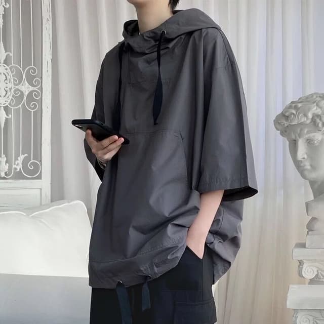 เสื้อกันหนาว แขนสั้น มีฮู้ด ทรงหลวม แบบบาง สไตล์เกาหลี แฟชั่