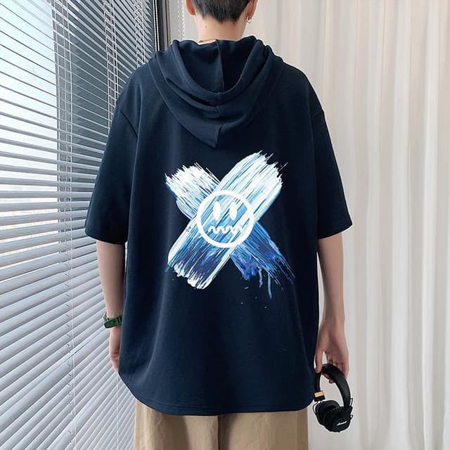 เสื้อยืดแขนสั้นมีฮู้ดสำหรับผู้ชาย แบบฮิปฮอป สตรีทแวร์น้ำหนัก