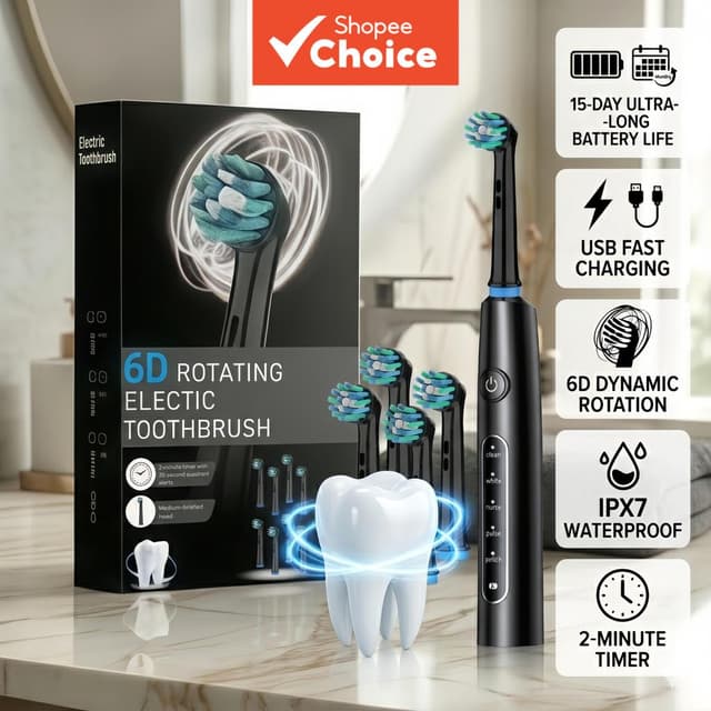 แปรงสีฟันไฟฟ้าสําหรับผู้ใหญ่แบบชาร์จได้ 5 โหมด ชาร์จแบบ USB 