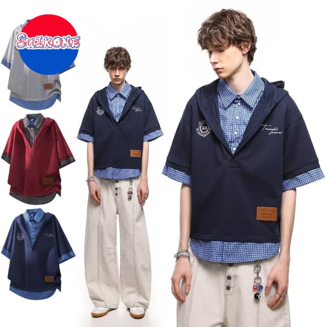 SUIKONE ซุยโคเนะ เสื้อยืดมีฮู้ดผู้ชายแขนสั้นอเมริกันย้อนยุคว