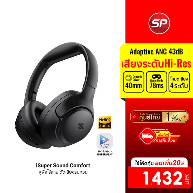 iSuper Sound Comfort หูฟังไร้สาย หูฟังครอบหู Bluetooth 5.3 Headsets เสียงระดับ Hi-Res Audio