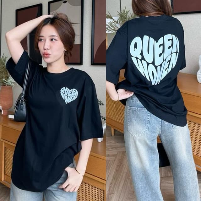 🔥🔥 สไตล์ขนาดใหญ่ ลายตัวอักษรรูปหัวใจ oversize T-shirt สีดำ