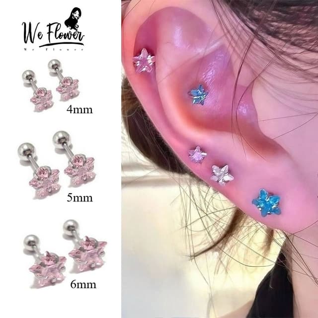 We Flower สกราวด์ต่างหูทำจากเงินแท้สังเคราะห์สีชมพูกะพริบ ออ