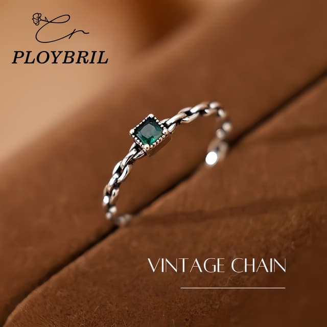 PLOYBRIL แหวนเงินแท้ VINTAGE CHAIN แหวนงาช้าง แหวนพลอยสีเขีย