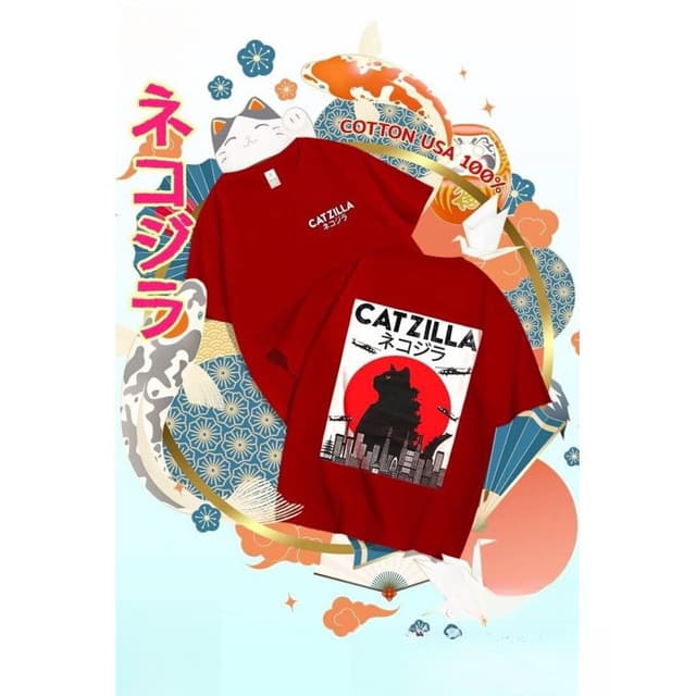 YOUNG T🔥🔥M~3XL เสื้อยืดแขนสั้นคอกลม ลาย Catzilla ทรง overs