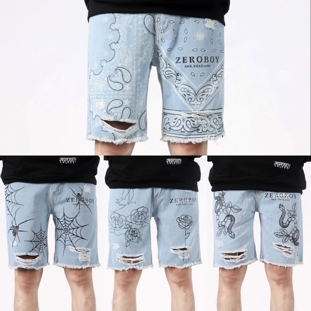 ZEROBOY - DENIM SHORTS กางเกงยีนส์ขาสั้นงานสกรีน ลายกุหลาบ ลายงู ลายแมงมุม ลายผ้าเช็ดหน้า https://wayoza.com