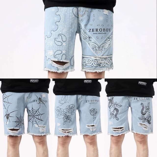 ZEROBOY - DENIM SHORTS กางเกงยีนส์ขาสั้นงานสกรีน ลายกุหลาบ ลายงู ลายแมงมุม ลายผ้าเช็ดหน้า
