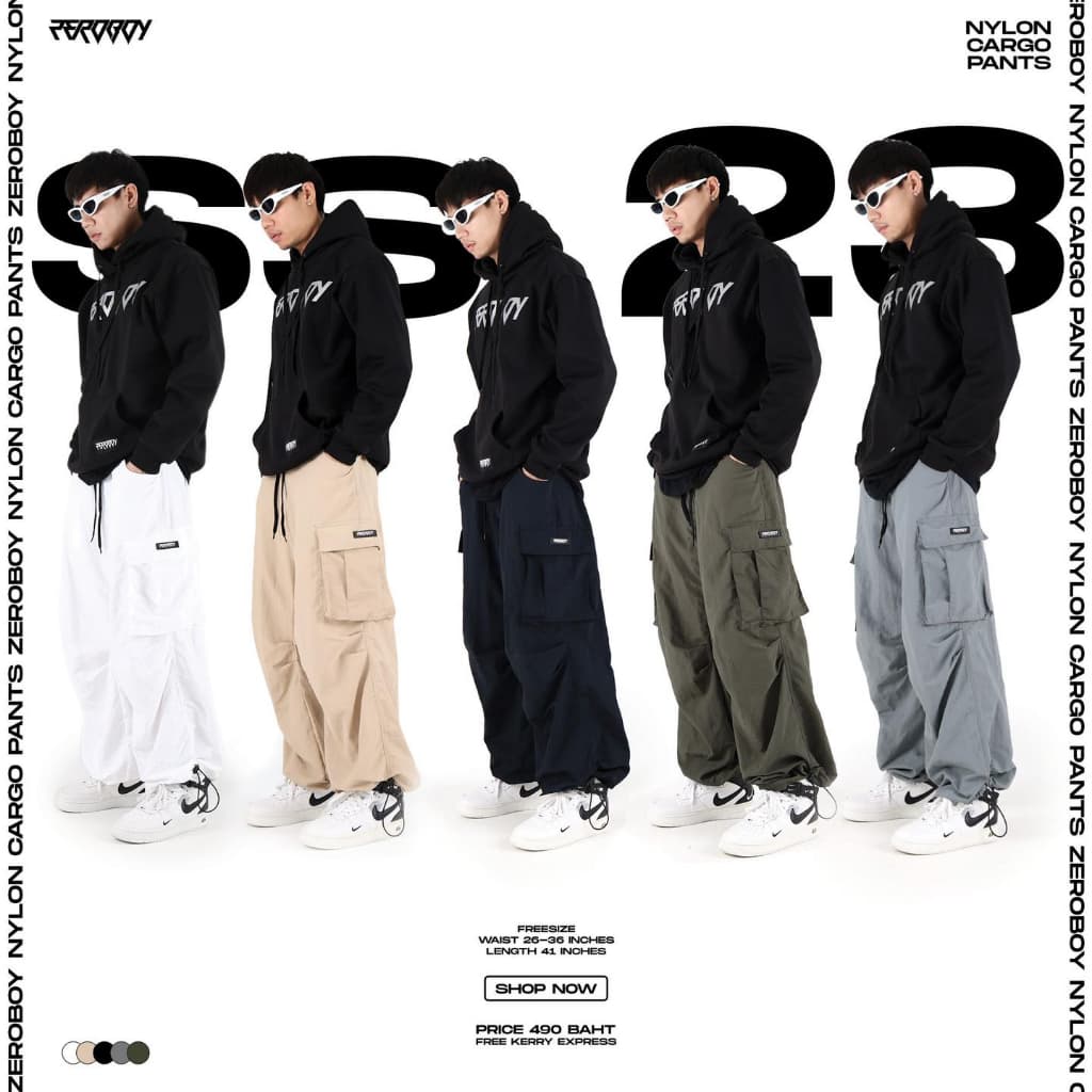ZEROBOY - NYLON CARGO PANTS กางเกงทรงคาร์โก้ผ้าไนล่อน สีดำ สีขาว สีเทา สีเขียวขี้ม้า สีครีม https://wayoza.com