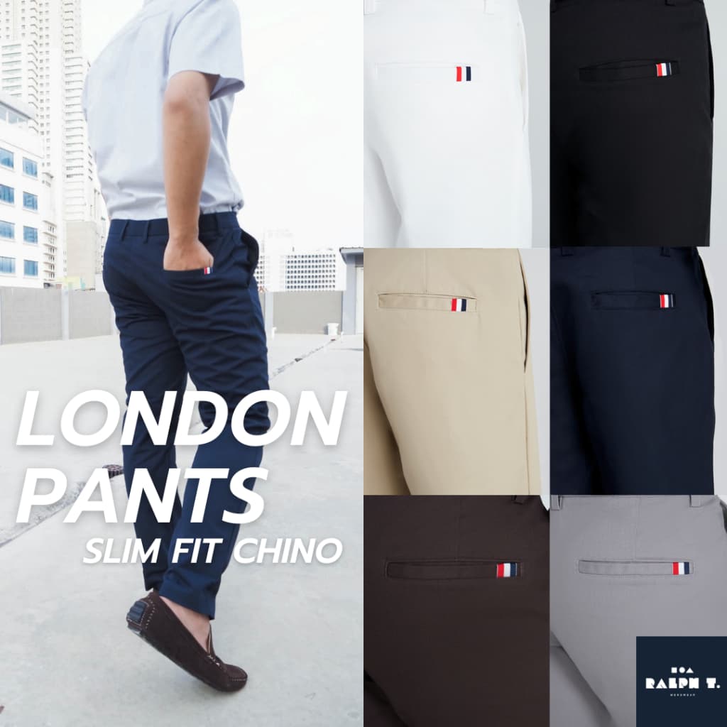 RALPH T OFFICIAL กางเกงขายาวผู้ชาย กางเกงชิโน่ ทรงกระบอกเล็ก ธง 3 สี SLIM FIT LONDON PANTS - สแล็ค สีดำ สีกรม สีกากี สีขาว สีเทาอ่อน https://wayoza.com