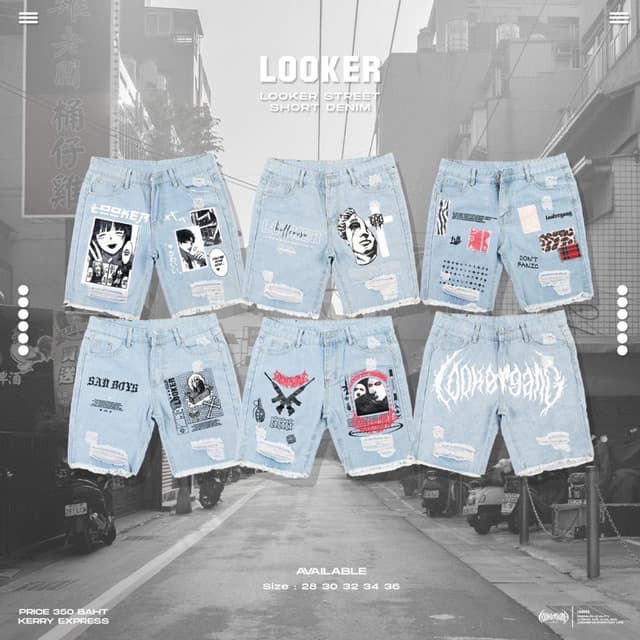 LOOKER- กางเกงยีนส์ขาสั้นสกรีนลายการ์ตูน