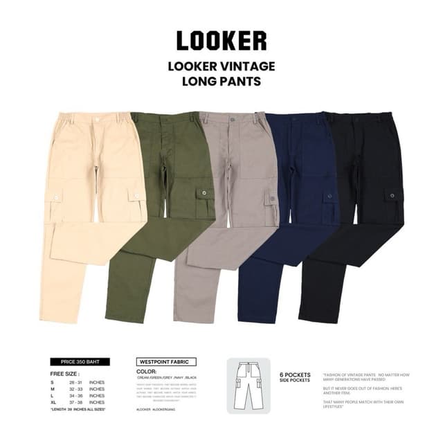 LOOKER - กางเกงขายาววินเทจรุ่นกระเป๋าข้าง สีครีม สีเทา สีเขียว สีกรม สีดำ