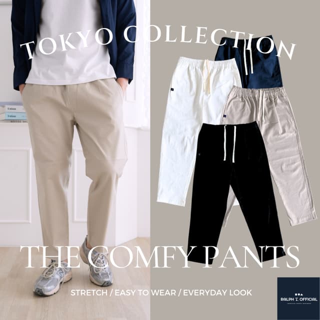 RALPH T OFFICIAL กางเกงขายาวผู้ชาย ทรงกระบอก เอวยางยืด TOKYO COMFY PANTS ชิโน่ - กางเกงขายาวชาย สีเบจ สีขาว สีดำ สีกรม