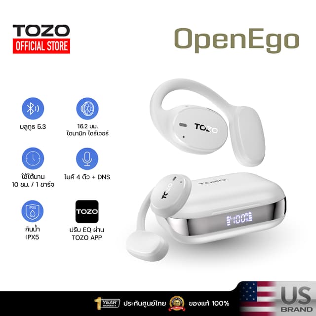 TOZO OpenEgo หูฟังบลูทูธไร้สาย หูฟังออกกำลังกาย Open-ear Design LED Display Bluetooth 5.3 IPX5