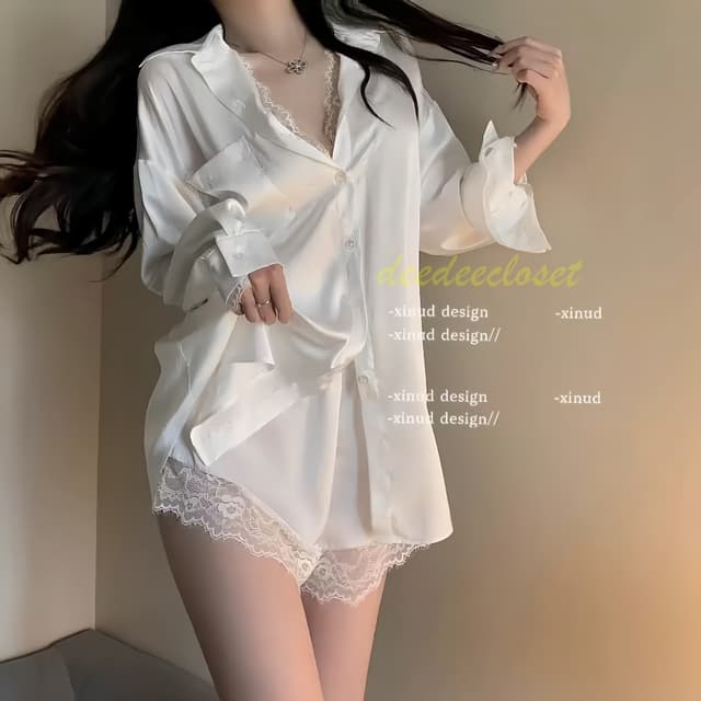 ชุดนอนเชิ้ตซาตินลูกไม้หรูหรา (เสื้อ+กางเกง) ชุดนอนไม่ได้นอน 