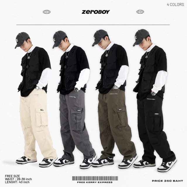 ZEROBOY - CARGO PANTS กางเกงคาร์โก้กระบอกใหญ่ 4 สี สีครีม สีดำ สีเทา สีเขียวขี้ม้า