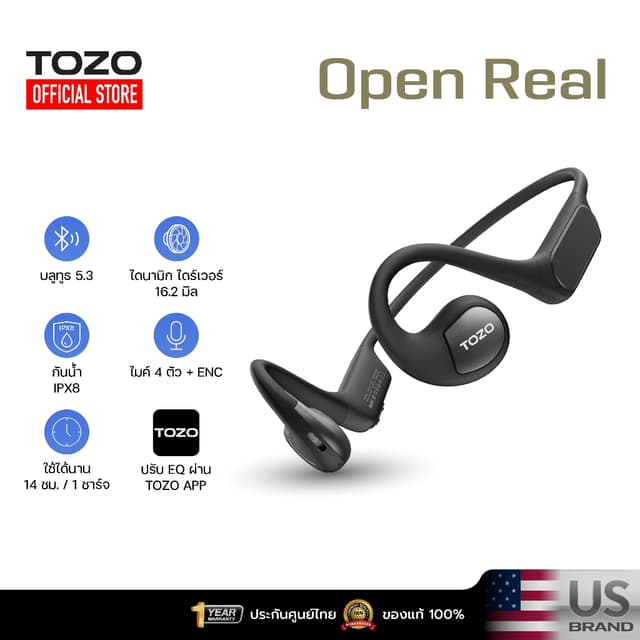 TOZO Open Real หูฟังบลูทูธ หูฟังไร้สาย หูฟังออกกำลังกาย Open-ear Design Bluetooth 5.3