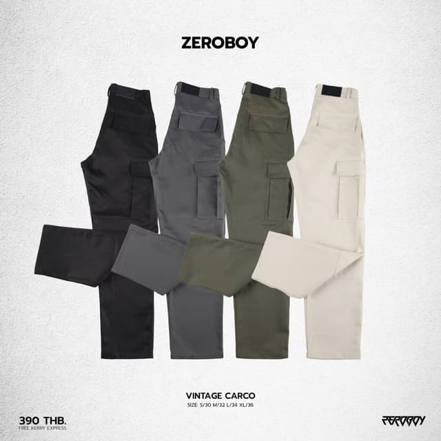 ZEROBOY - VINTAGE CARGO PANTS กางเกงคาร์โก้สีพื้น สีครีมขาว สีเขียวขี้ม้า สีเทา สีดำ