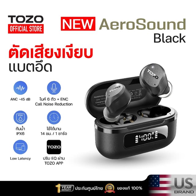 TOZO AeroSound หูฟังบลูทูธ หูฟังไร้สาย หูฟังอินเอีย แบตอึด Bluetooth 5.3 แบต 14 ชม/ชาร์จ IPX6 Game Mode