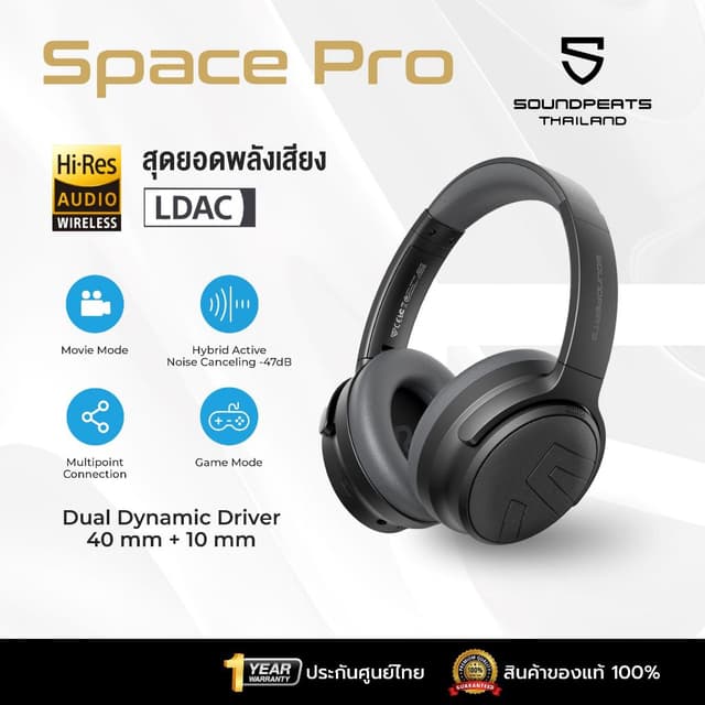 SOUNDPEATS Space Pro หูฟังครอบหู รองรับ Hi-res Headphones Bluetooth 5.4 มี ANC ใช้ได้นาน 151 ชม. Movie mode full size