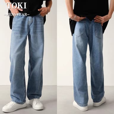 toki-กางเกงยีนส์ผู้ชาย ขายาว baggy jeans ชาย ยีนส์สีสนิม ทรงกระบอกใหญ่ สไตล์เกาหลี เอวสูงทรงกระบอกตรง สีฟ้าอ่อน menjeans