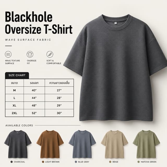 เสื้อยืดโอเวอร์ไซส์ ผ้าลายคลื่น หนานิ่ม ยับยาก ไม่ต้องรีด
