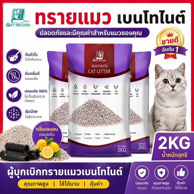 Pet Recordทรายแมวเบนโทไนท์ จับตัวเป็นก้อนเร็ว ฝุ่นน้อย ดับกล