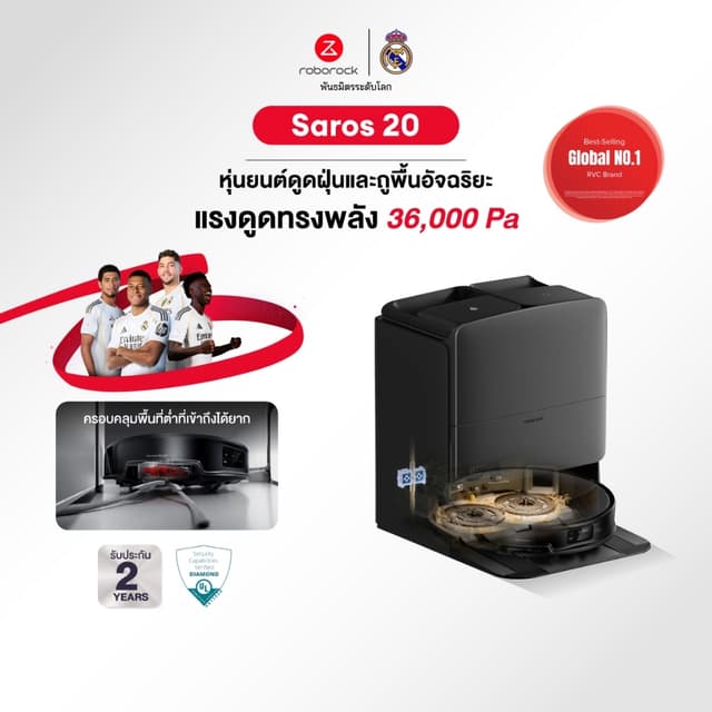 Roborock Saros 20 Series หุ่นยนต์ดูดฝุ่นถูพื้นอัจฉริยะ แรงดูดสูงสุด 36,000 Pa แปรงหลักป้องกันผมพันกัน รับประก