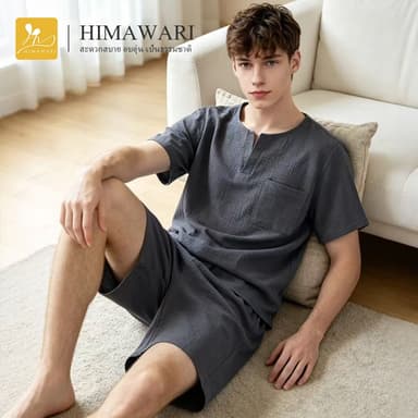 HIMAWARI丨ชุดนอนผู้ชาย ชุดนอนผ้าฝ้าย ชุดนอนแขนสั้น ผ้าฝ้ายพรีเมียมซักแล้ว นุ่มสบายผิว ใส่ได้ทุกฤดู