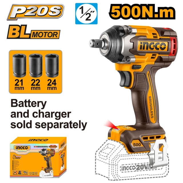 INGCO รุ่น CIWLI20501 แรงบิด 500 N.m บล็อคกระแทกไร้สาย 20V แรงบิดการคลายน็อต 650 N.m