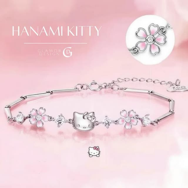 GLAMOR✨กำไลข้อมือเงินแท้ Hanami Kitty สร้อยข้อมือคิตตี้ลายดอ