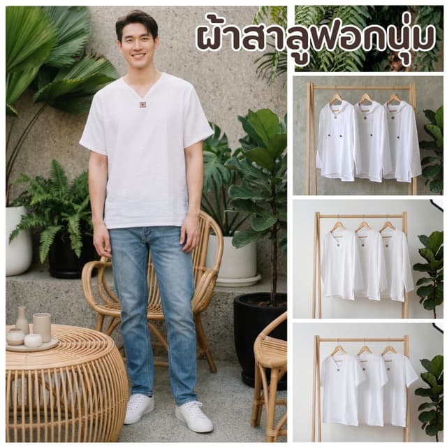 เสื้อตะวัน ผ้าสาลู ผ้าสาลูสีขาว เสื้อโลโก้พระอาทิตย์  แขนสั้