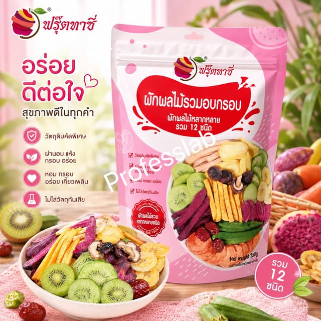 🍄(ห่อชมพู)🍄ผักผลไม้อบกรอบ (ขนาด 250 กรัม) ผักอบกรอบ 12 ชนิ