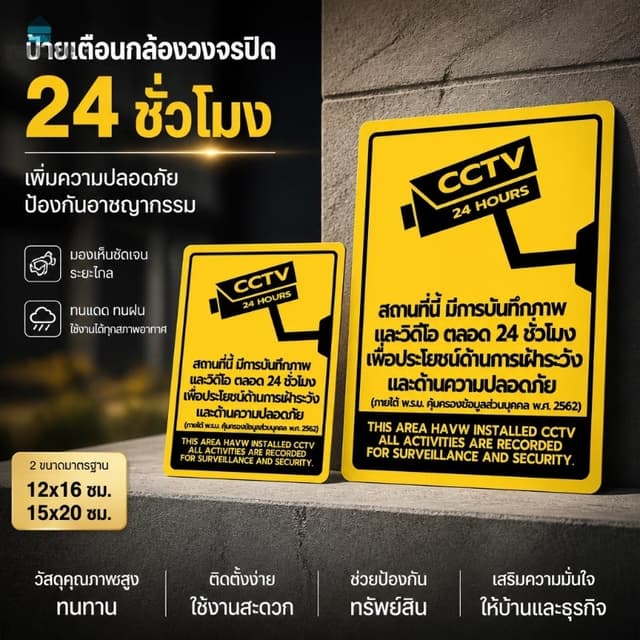 สติกเกอร์ป้ายเตือนCCTV 24ชั่วโมง กันน้ำกันแดด ทนทาน3ปี มี2ขน
