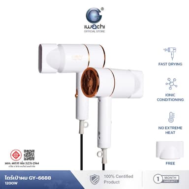 IWACHI hair dryer ไดร์เป่าผม รุ่น GY-6688 1200W ขนาดพกพา ปรับลมได้ 3 ระดับ ผมแห้งไว ไม่ทำลายเส้นผม