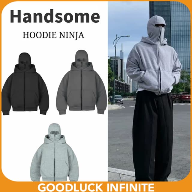 Boxy Form Ninja Zip Hoodie with 2 Balaclava Face Covers, Uni