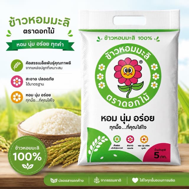 ข้าวหอมมะลิสุรินทร์ท่อน ซาห้อ ยีจ้อ      ตราดอกไม้ พันธุ์กข1