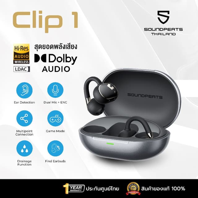 SoundPEATS Clip1 หูฟังหนีบหู หูฟัง Clip On Bluetooth 5.4 หูฟังไร้สาย Open Ear รองรับ Hi-Res True Wireless Headphone