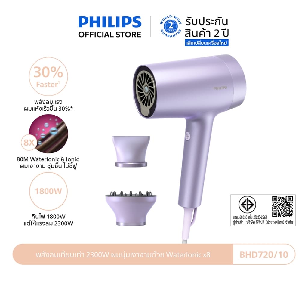 Philips รุ่น BHD720/10 ฟิลิปส์ ไดร์เป่าผม พลังลมเทียบเท่า 2300W ผมนุ่มเงางามด้วย Water&Mineral ไอออนิค x8 https://wayoza.com