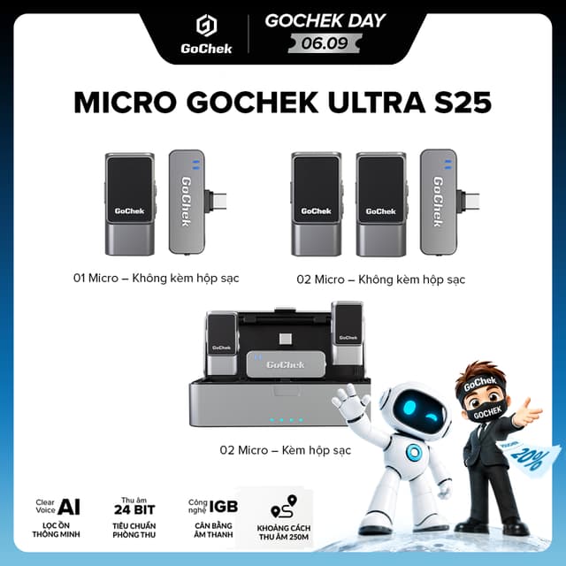 GoChek Ultra S25 ไมโครโฟนไร้สายตัดเสียงรบกวนด้วย AI ปรับสมดุลเสียงคุณภาพเสียงมาตรฐานสตูดิโอไมค์ใช้ได้กับสมาร์ตโฟนทุกรุ่น ไมค์ไร้สาย