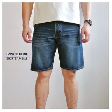 LVISCLUB 101 กางเกงยีนส์ขาสั้นทรงกระบอกผ้าไม่ยืดเป้าซิปฟอกเฟดสีมิดไนท์บูล