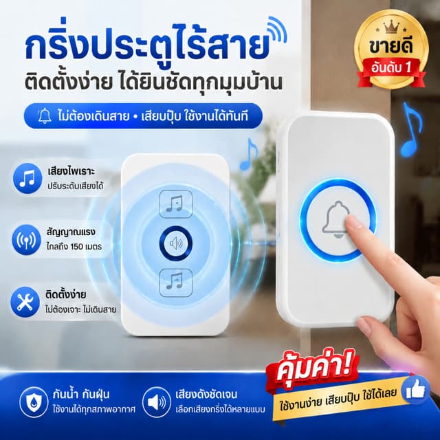 กริ่งประตูไร้สายกันน้ำ ระยะควบคุม 300 เมตร พร้อมไฟ LED 62 ดว