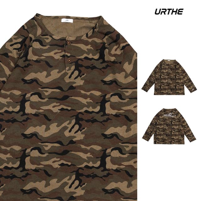 URTHE - เสื้อยืดเเขนยาว ลายพราง รุ่น CAMO WAFFLE HENLEY T-SH