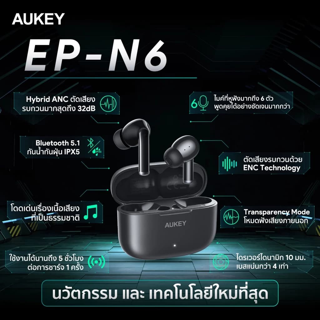 AUKEY EP-N6 หูฟังบลูทูธ True Wireless Bluetooth 5.1  Active Noise Cancelling TWS เบสดี หูฟังไร้สาย ANC ตัดเสียงรบกวน รุ่น EP-N6 https://wayoza.com