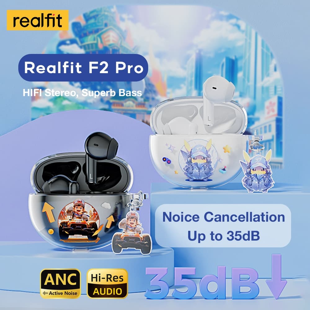 Realfit F2 Pro หูฟังบลูทูธ ANC ฟังก์ชั่นตัดเสียงรบกวนพร้อมไมโครโฟนไฮไฟสเตอริโอเบสที่ยอดเยี่ยม Bluetooth 5.4 https://wayoza.com